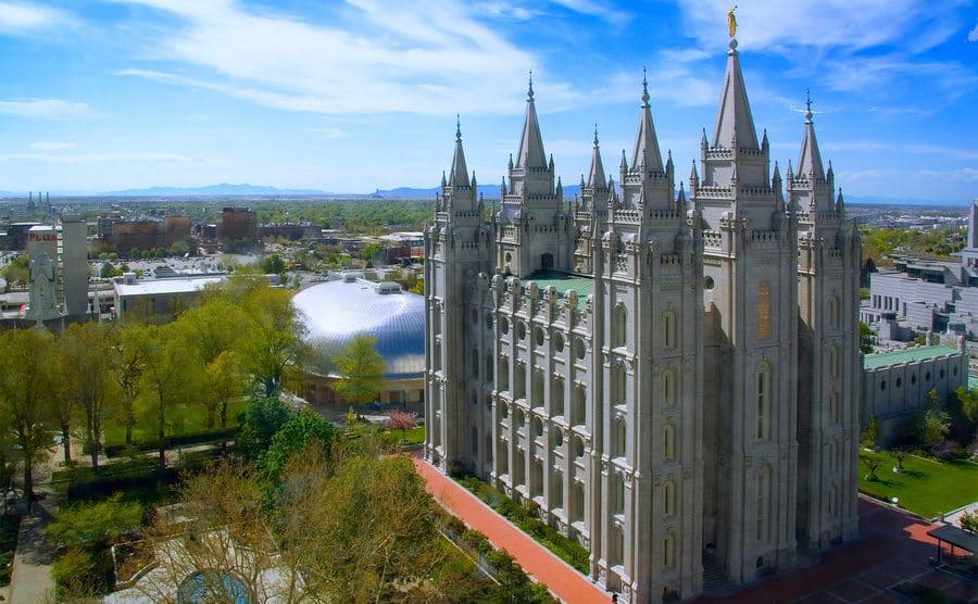 Aerial view of the historic Mormon Temple Square in downtown Salt Lake City, UT.