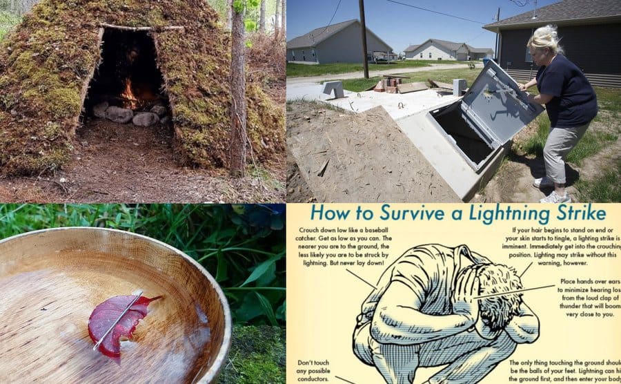 A hand-built tiki hut made of branches and leaves out in the middle of the woods / A woman opening the door to the underground shelter to protect herself from the coming storm / A leaf with a needle resting on it placed in a bowl of water / A detailed drawing and explanation on how to survive a lightning strike.