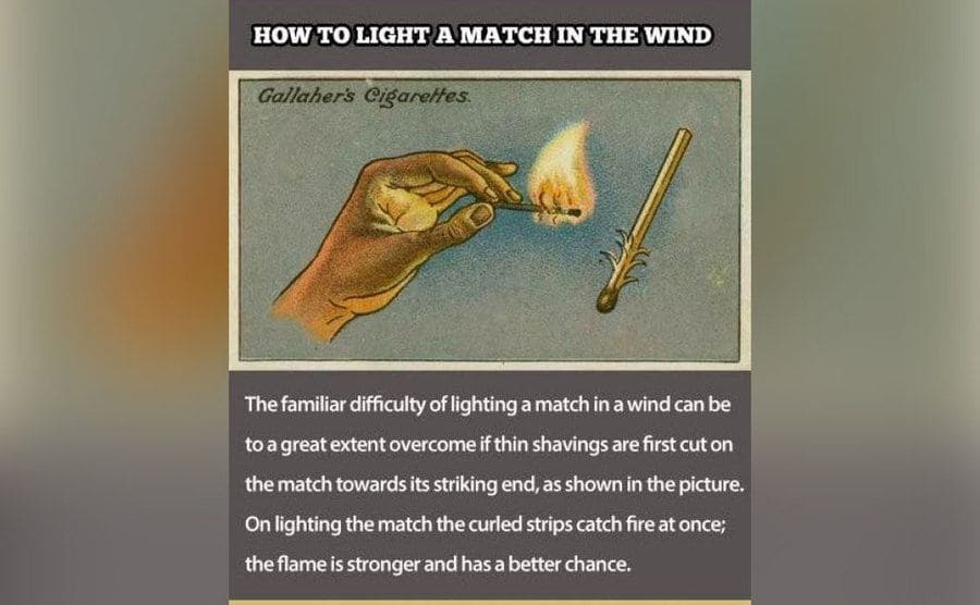 A picture indicating how to fox a match so that it won't go out as easily. 