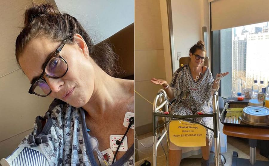 Brooke Shields taking a selfie hooked up to machines / Brooke Shields sitting in a hospital room with a walker in front of her 