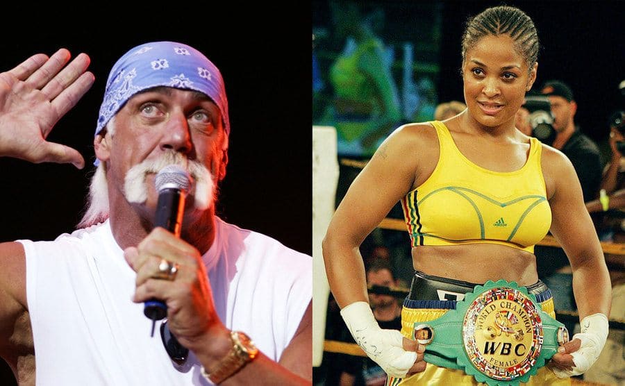 Hulk Hogan with a microphone holding his hand by his ear / Laila Ali with her world championship belt 
