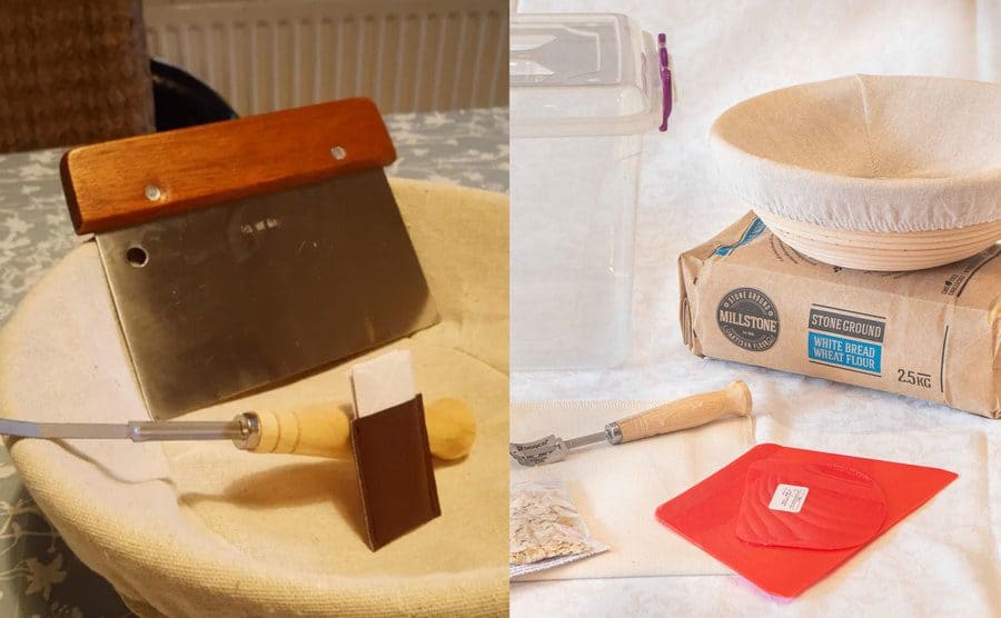 A bread basket containing various tools used for baking bread / A promotional photo of a bread-making kit that includes various items. 