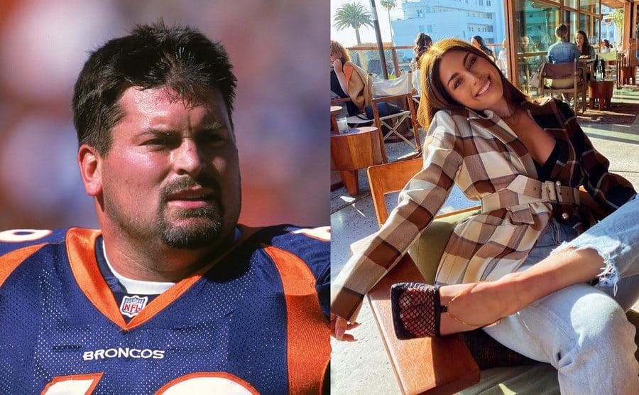 Mark Schlereth #69 of the Denver Broncos looks on the field during the game / Avery Schlereth sitting at a café. 
