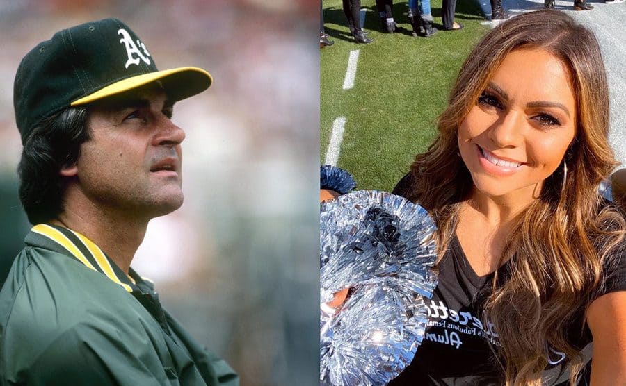 Manager Tony LaRussa of the Oakland Athletics looks on during an MLB game / Bianca taking a selfie with her pompoms. 