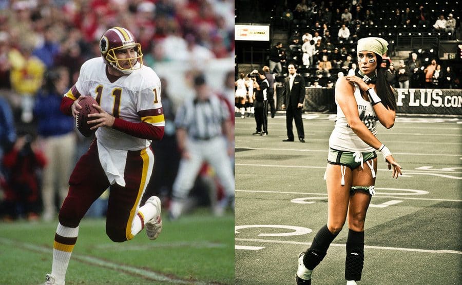 Quarterback Mark Rypien #11 of the Washington Redskins drops back to pass during a game / QB Angela Rypien throwing a pass. 