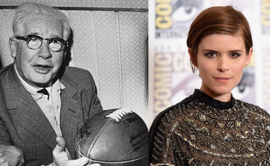 Art Rooney Sr. with the game ball he received from the Steelers football team / Actress Kate Mara attends the 20th Century Fox press room during Comic-Con.