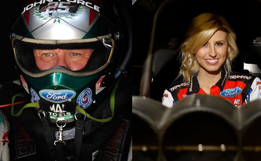 John Force, driver of the Castrol High Miledge Ford Funny Car, prepares to drive / Courtney Force, 23 makes her debut as a funny car driver. 