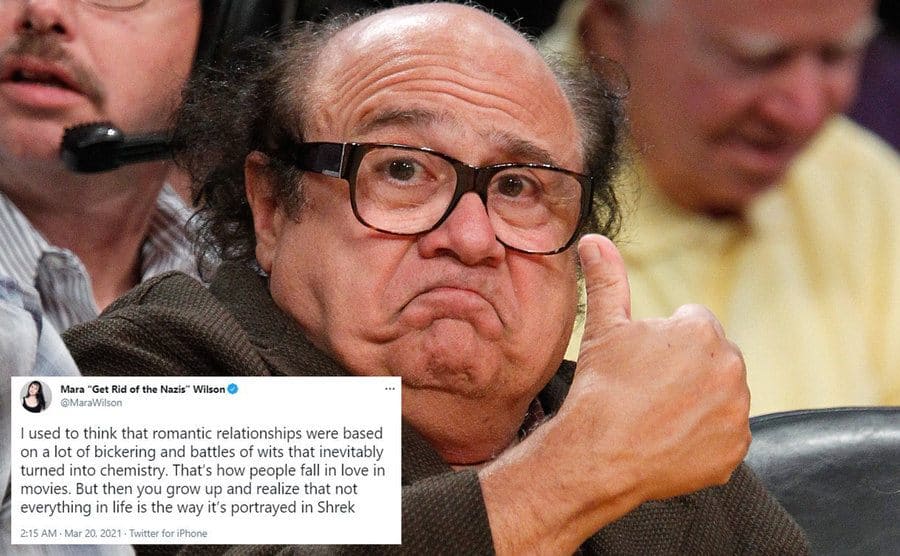 Danny DeVito sitting in the stands with his thumbs up / A tweet about DeVito 