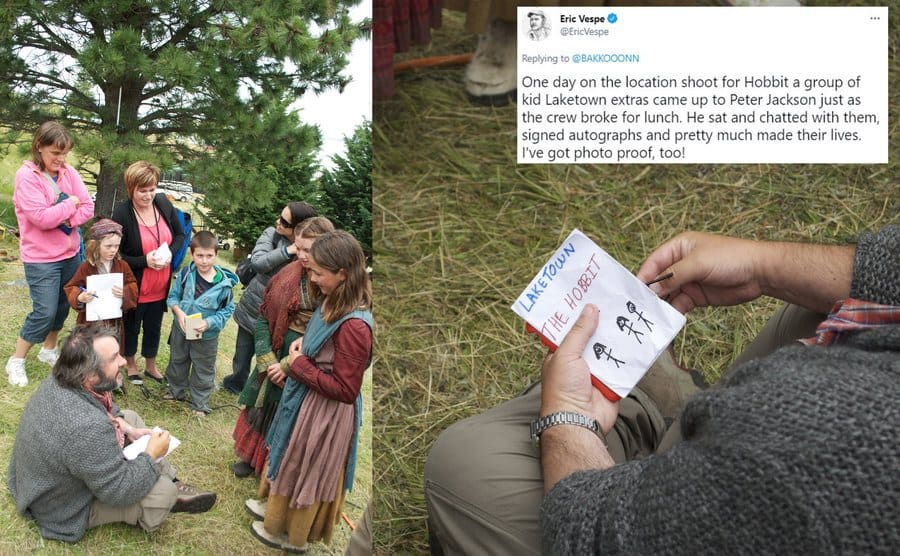 Peter Jackson signing autographs / Jackson holding a notepad with a children’s drawing on it 