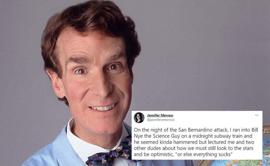 Bill Nye holding a globe / A tweet about Bill Nye 