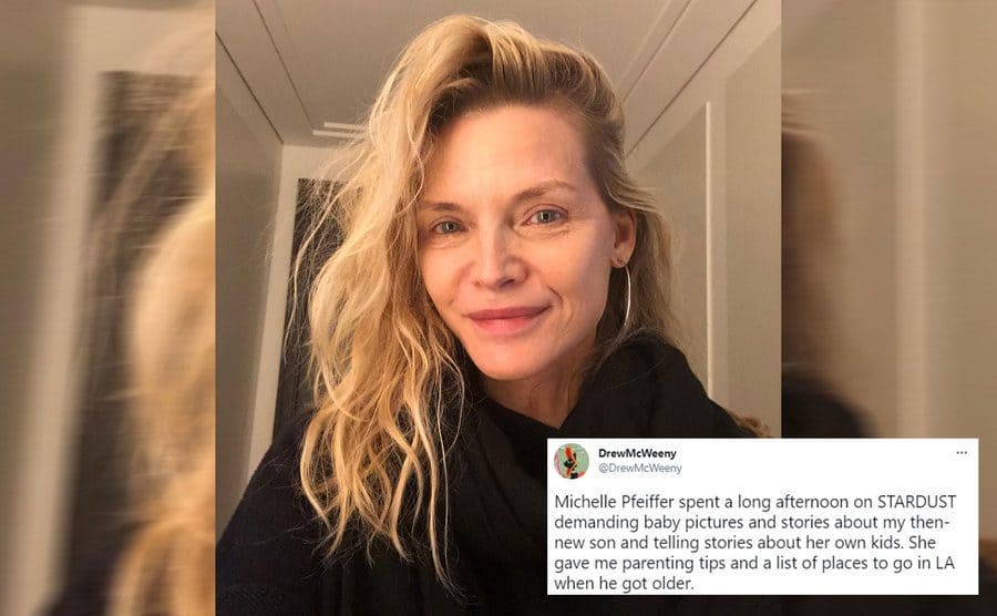A selfie of Michelle Pfeiffer / A tweet about Pfeiffer’s kindness 