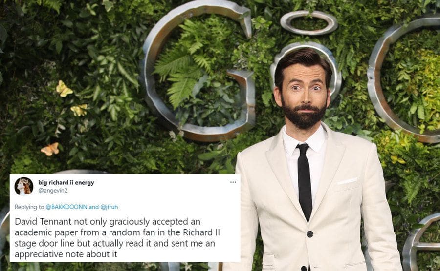 David Tennant standing in front of a sign giving him a halo / A tweet about Tennant’s kindness 