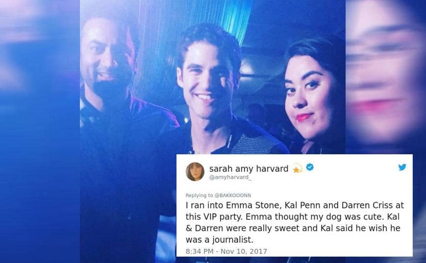 A fan with Emma Stone, Kal Penn, and Derren Criss at a party / A tweet about the selfie 