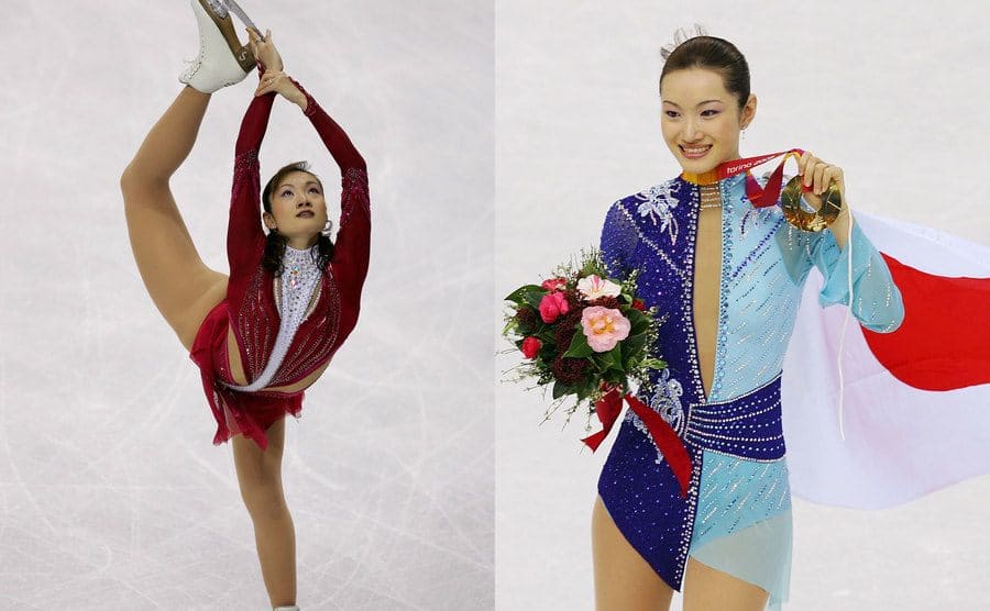 Shizuka Arakawa holding her skate up above her head during a routine / Shizuka Arakawa holding up her gold medal and flowers during the Olympics with a flag tied around her neck 