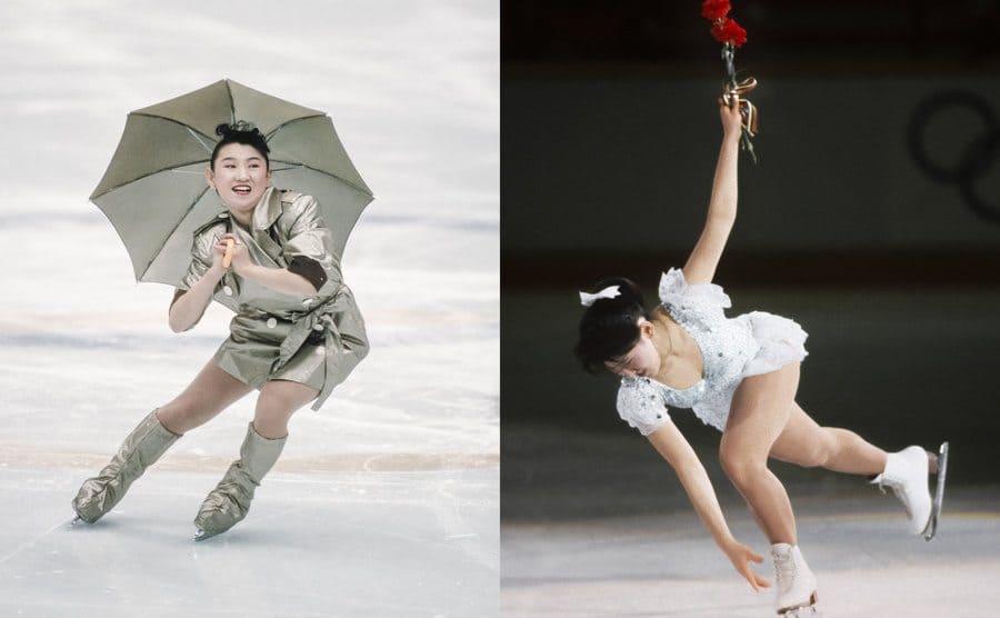 Midori Ito holding an umbrella during her performance / Midori Ito holding a rose while skating at the Olympics 
