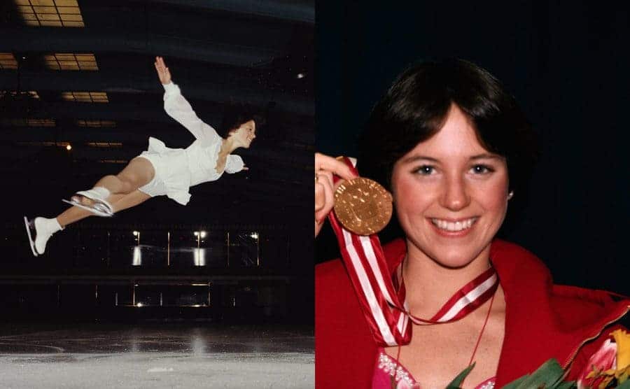 Dorothy Hamill mid-air during a performance / Dorothy Hamill holding her medal 