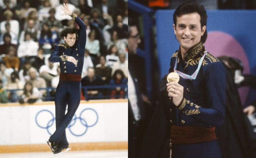 Brian Boitano mid-jump on the ice / Brian Boitano holding his medal 