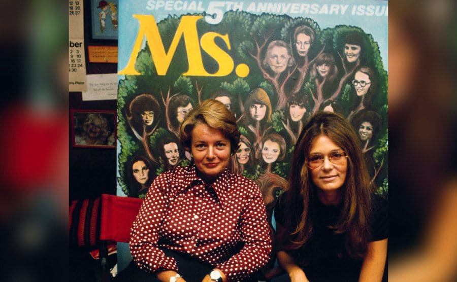 Pat Carbine and Gloria Steinem are seated in Ms. Magazine's office.