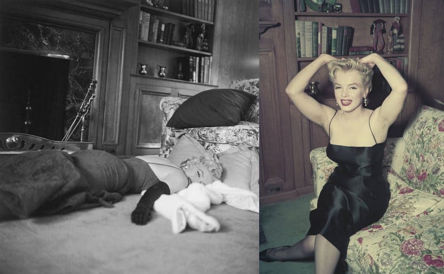 Marilyn Monroe lying on the floor near the fireplace / Marilyn Monroe sitting on her couch in a black dress