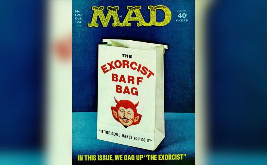 A cover of MAD Magazine with a picture of an Exorcist Barf Bag. 