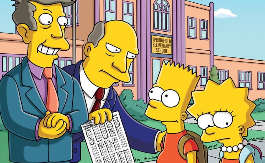 Bart and Lisa are standing with Principal Skinner and Superintendent Chalmers in front of the high school.