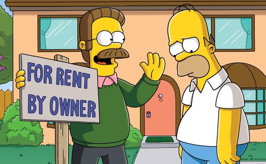 Ned Flanders and Homer Simpson are standing on the Simpsons lawn.