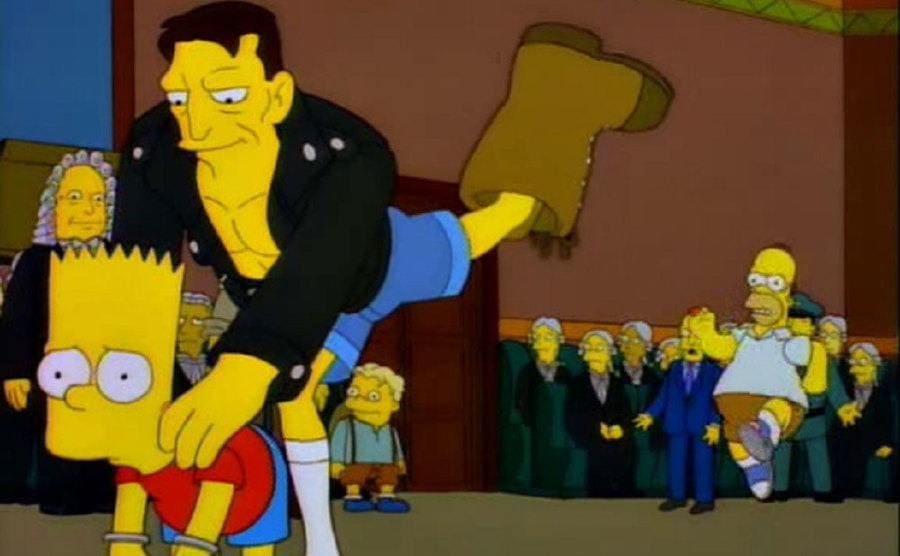 Bart is getting the boot in a courtroom.