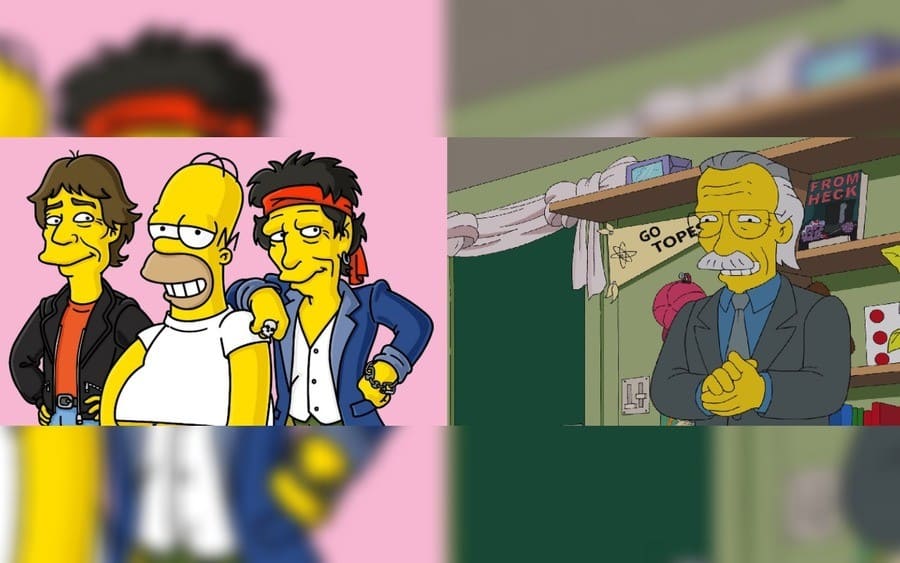 A cartoon of Mick Jagger and Keith Richards with Homer Simpson / A cartoon of Stan Lee in a comic book store.