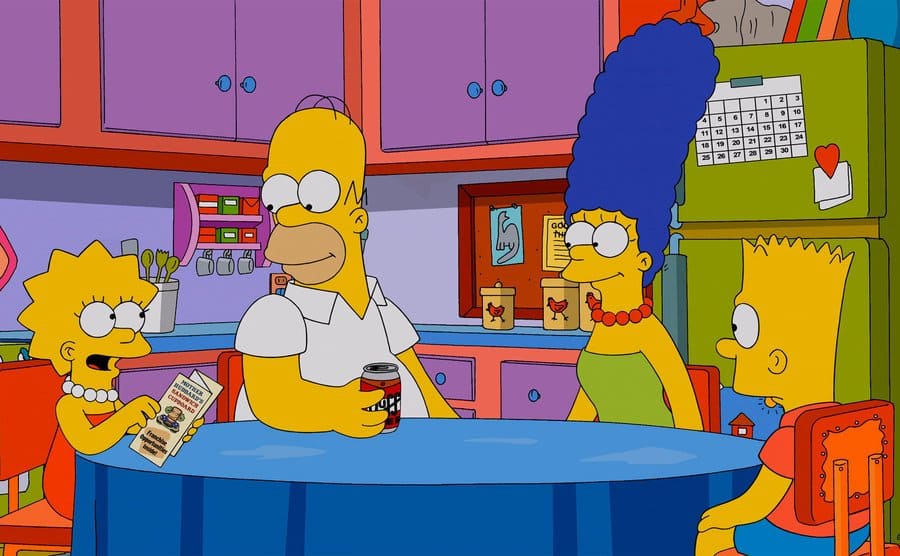 Lisa, Homer, Marge, and Bart are sitting around the kitchen table.