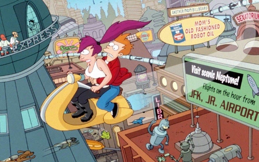 Leela and Fry on a motorcycle-style space ship in a scene from Futurama. 