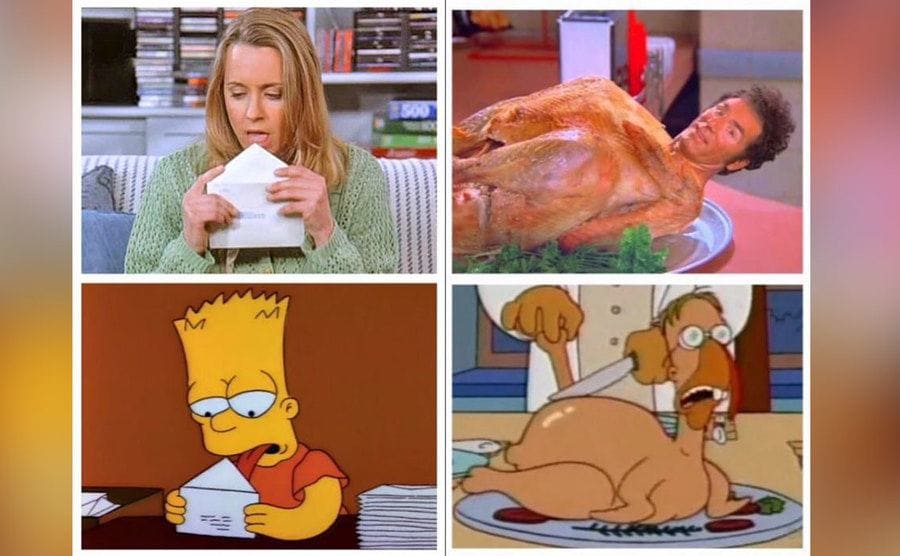 George’s fiancé is licking envelopes on Seinfeld next to Bart licking envelopes / Kramer as a turkey and the Simpsons with a turkey. 