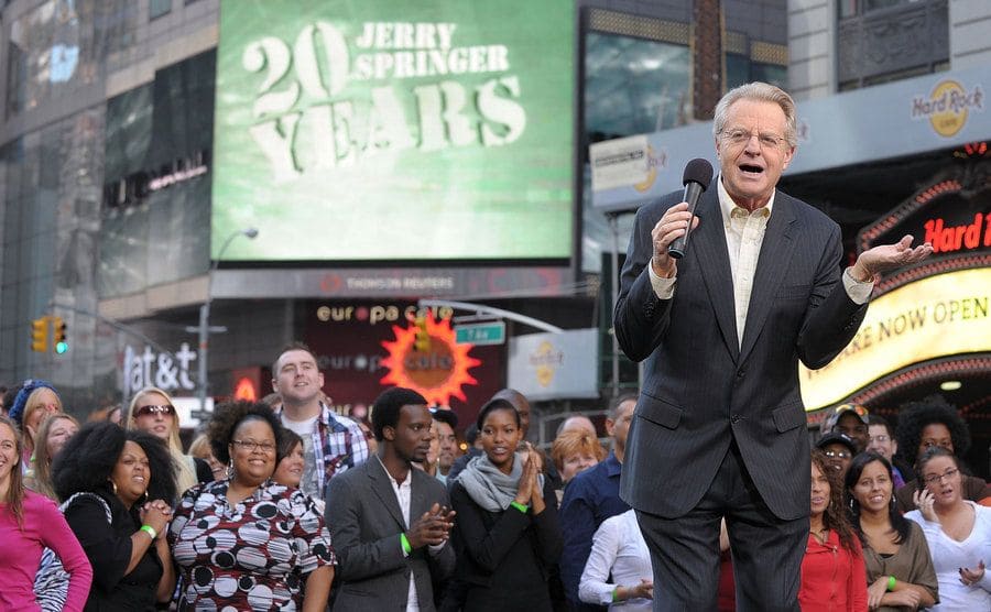 Jerry Springer on stage in Times Square to celebrate 20 years of the show 