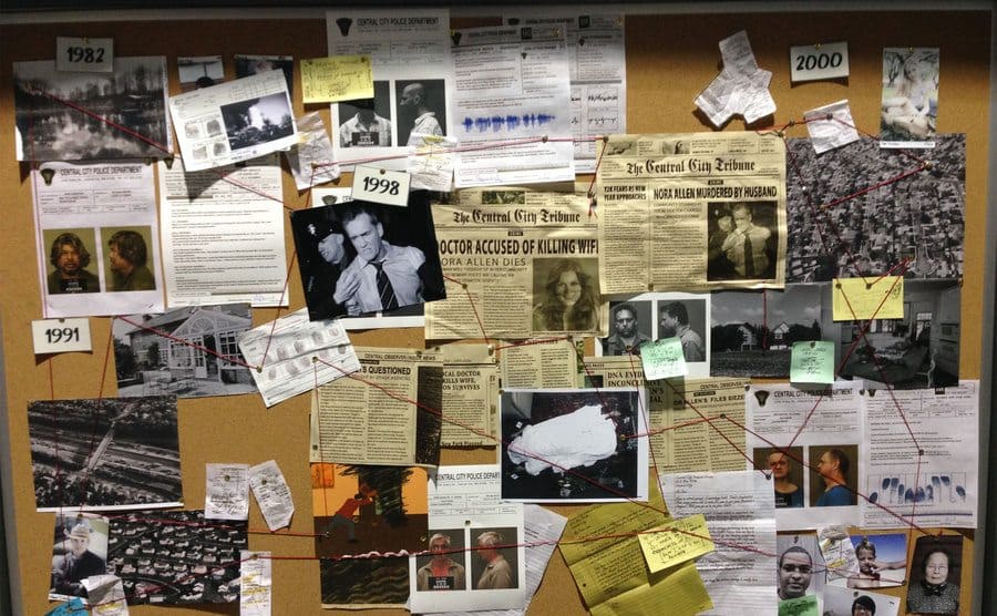 A bulletin board covered with files and newspaper clipping with strings connecting between the photos and the notes. 