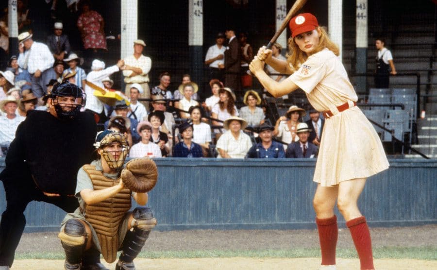 Geena David getting ready to hit a home run in a still from ‘A League of Their Own’. 