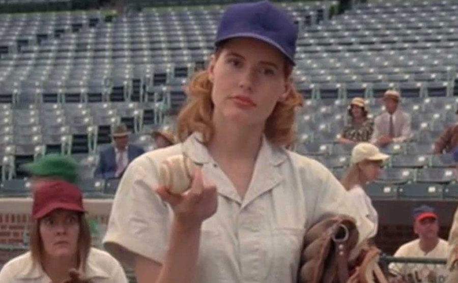 Geena Davis holding up the caught fastball like it was no problem to catch. 