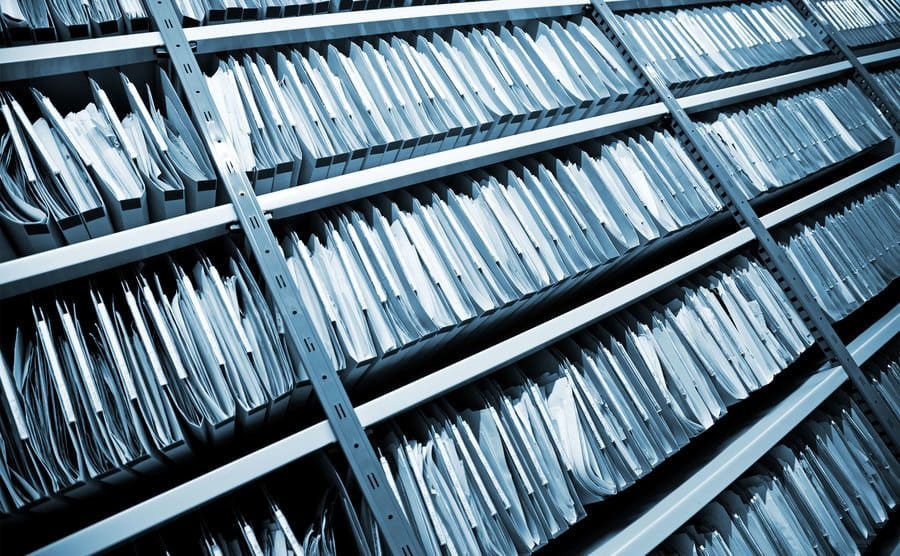 Shelves filled with case files. 