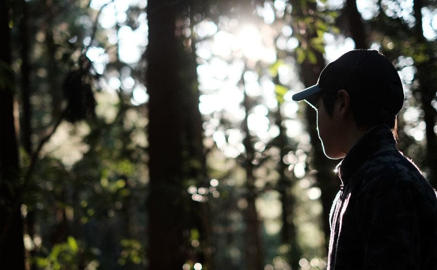 A boy wearing a cap is standing in the woods. 