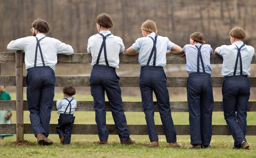 Amish men are standing by a fence looking out. 