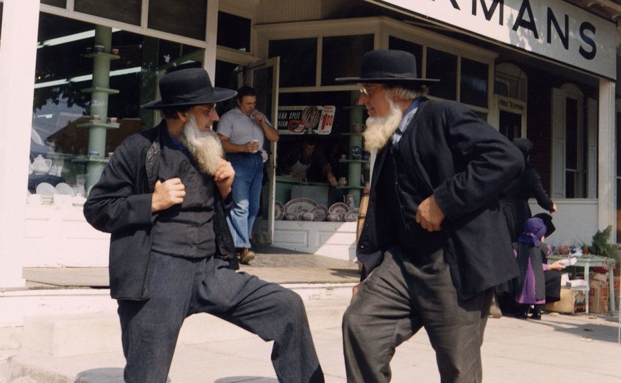 Amish men talk during a trip into town.