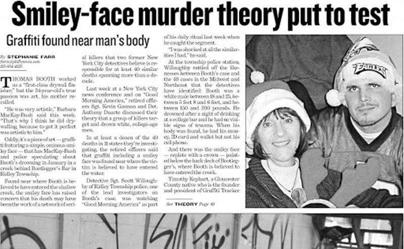 A newspaper clipping that talks about the smiley face murder theory. 