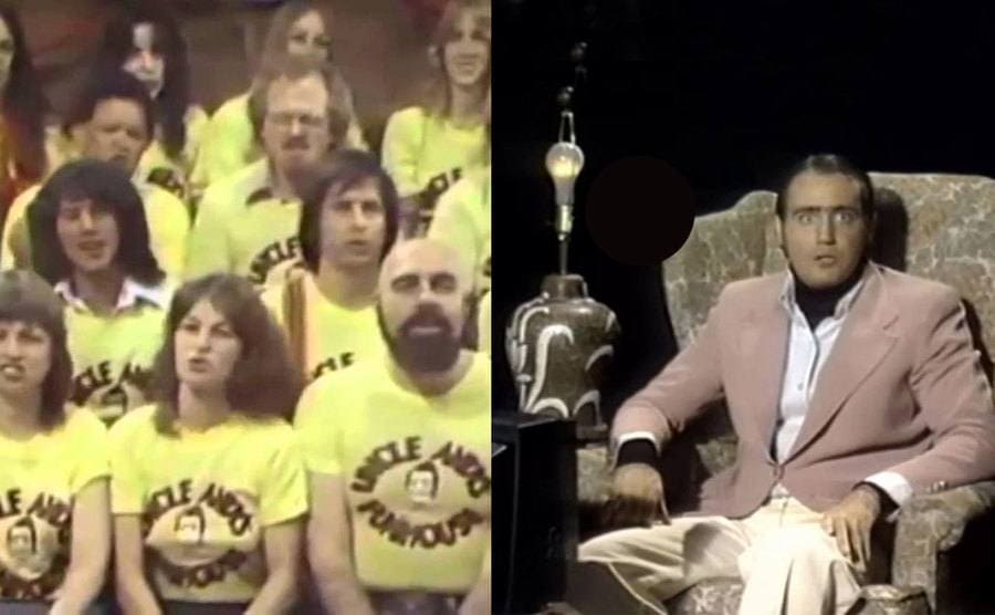Stills from the audience wearing Uncle Andy's Fun House shirt and Andy Kaufman's performance on stage. 