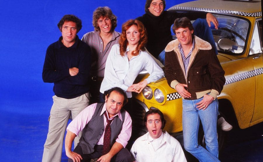 Publicity still from the cast of 'Taxi', Tony Danza, Randall Carver, Andy Kaufman, Danny DeVito, Judd Hirsch, Jeff Conaway, and Marilu Henner.