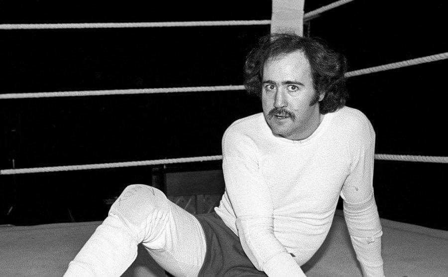 Andy Kaufman dressed as a wrestler at a rehearsal for a Broadway play that closed after just one night.