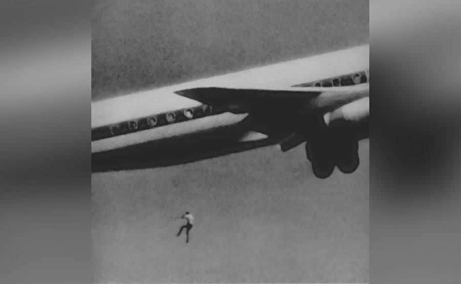 A photo of Keith Sapsford falling from a plane. 