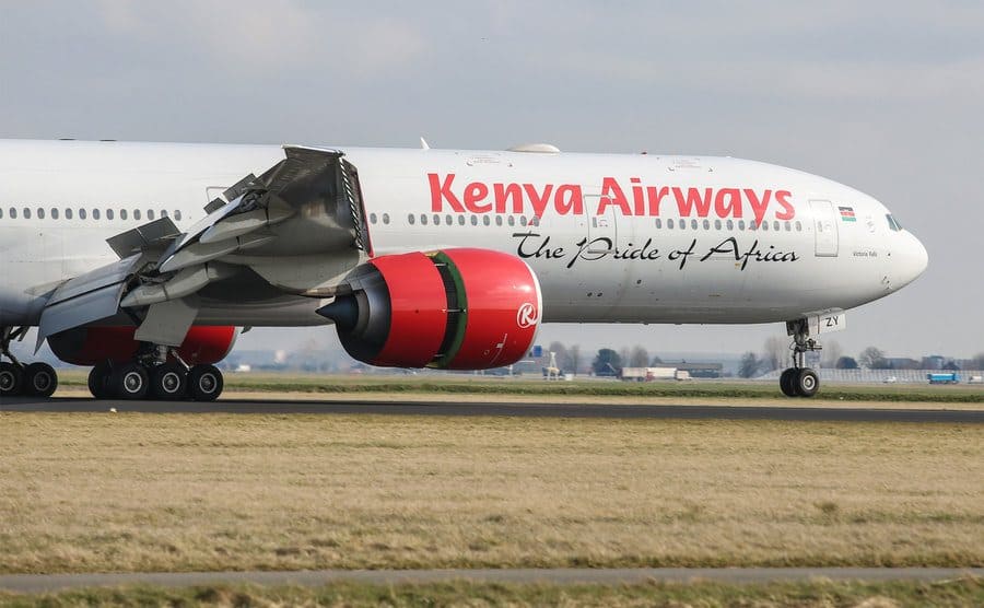 Kenya Airways Boeing 777 is taking off.
