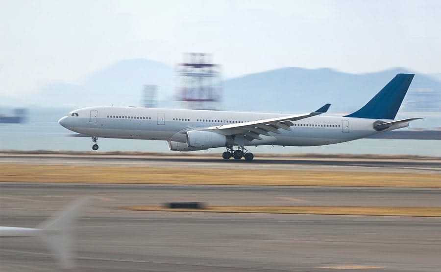 A passenger aircraft is landing at high speed. 