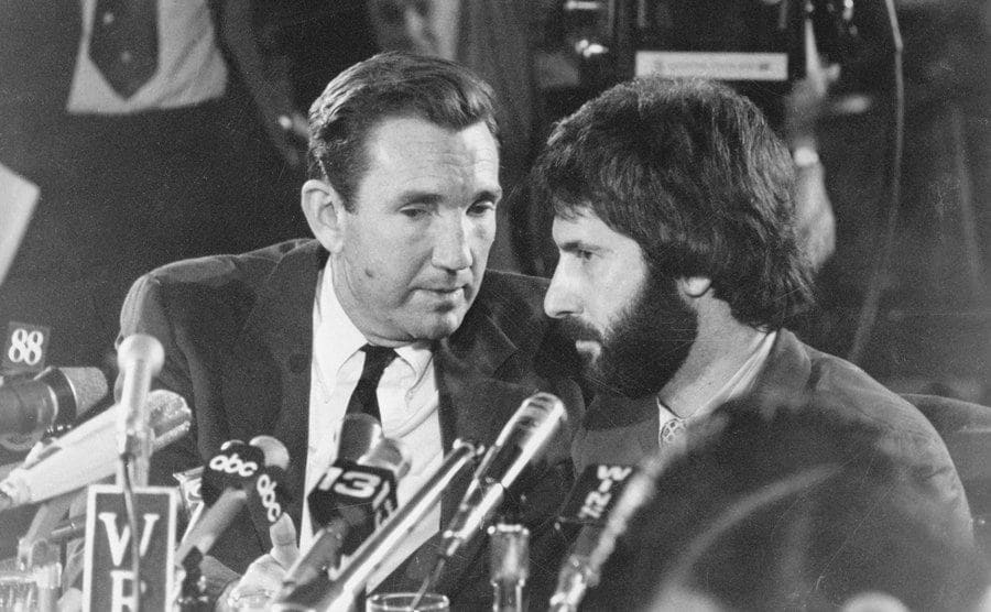 Frank Serpico sits with his attorney Ramsey Clark during a press conference concerning his allegations of widespread corruption within the NYPD.