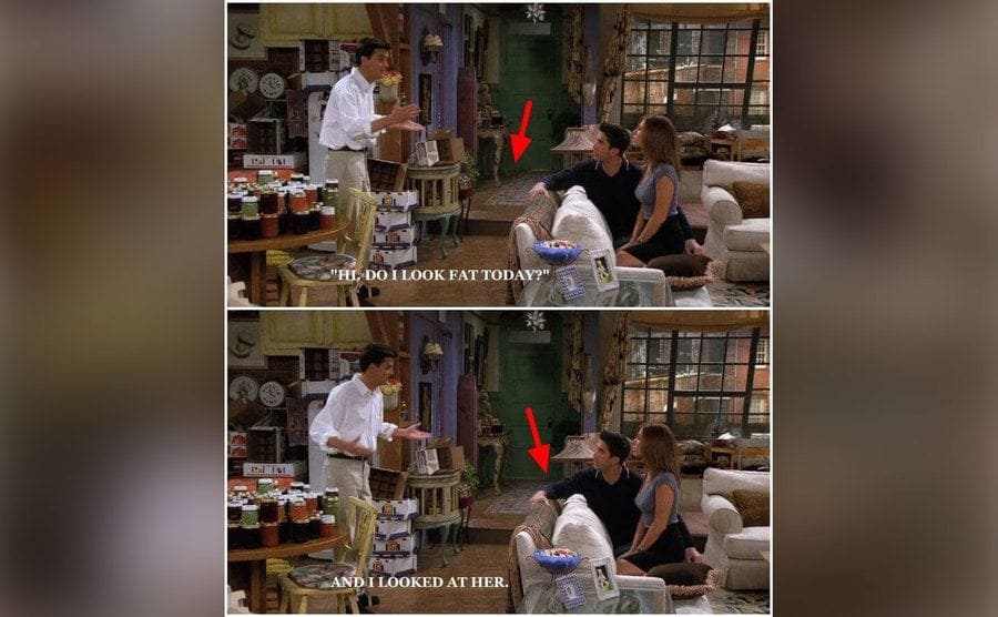 The Shadow of someone’s feet appears under the door of the closet in Monica’s apartment. 