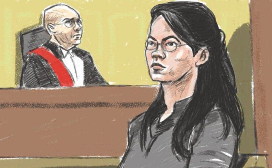 A court sketch of Jennifer testifying before a judge. 