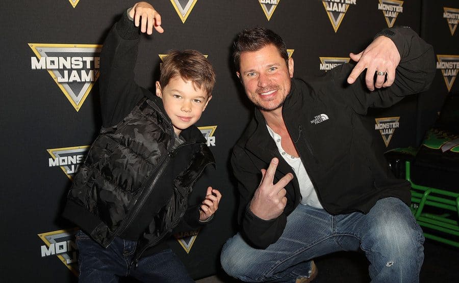 Nick Lachey and his son Camden are arriving at the Monster Jam Celebrity Event, circa 2018.